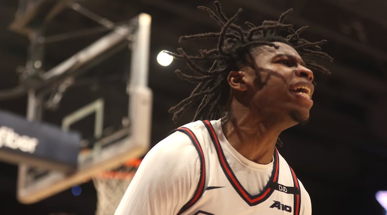 Dayton's Malachi Smith reacts after making a game-tying layup with eight seconds remaining against UNLV on Tuesday, Dec. 17, 2024, at UD Arena. David Jablonski/Staff