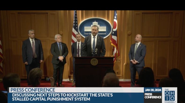 Ohio Attorney General Dave Yost joins Rep. Phil Plummer, R-Dayton; Rep. Brian Stewart, R-Ashville; and two representatives of the Ohio Prosecuting Attorneys Association to promote a newly introduced bill that would authorize the state to use nitrogen gas to execute death row inmates.