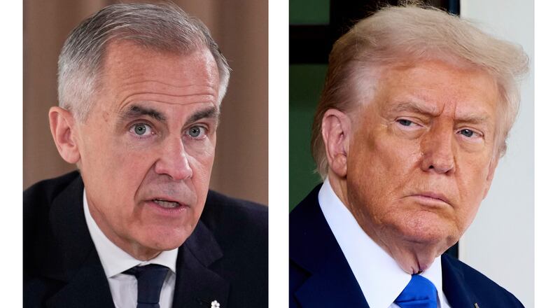 This combination of images shows Canada's Prime Minister Mark Carney on June 16, 2025, in Kananaskis, Canada, left, and President Donald Trump on Oct. 7, 2025, in Washington. (AP Photo/Mark Schiefelbein, left, Jacquelyn Martin)