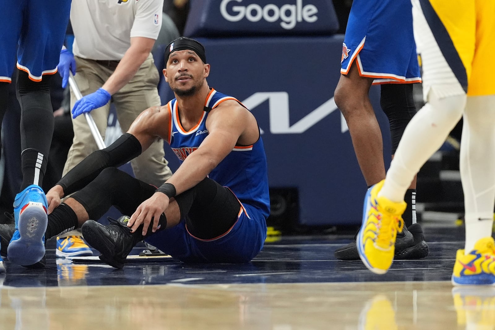 New York Knicks guard Josh Hart (3) looks up from the floor after his sixth foul during the second half of Game 4 of the Eastern Conference finals of the NBA basketball playoffs against the Indiana Pacers in Indianapolis, Tuesday, May 27, 2025. (AP Photo/Michael Conroy)