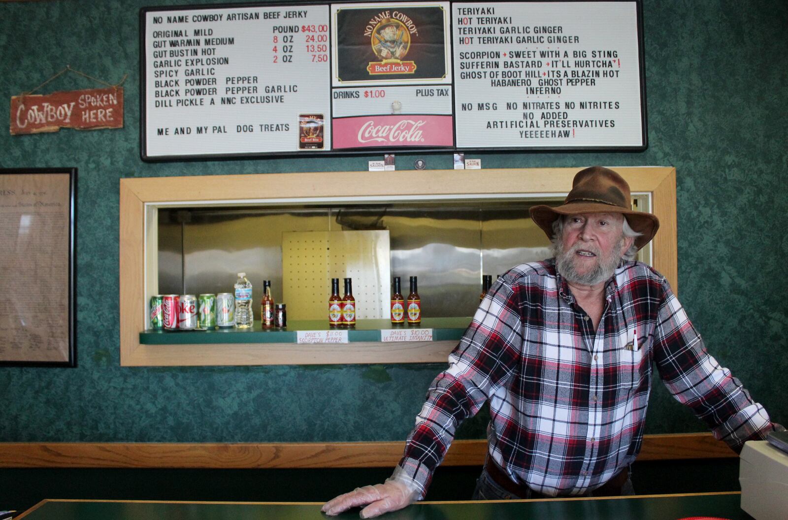 Dave "No Name Cowboy" Buehrle opened No Name Cowboy beef jerky store in 2011 with his late wife, Mary.  The Washington Twp. store is decorated in posters of cowboy movies, The Second Amendment and the Declaration of Independence.  A print hang on the wall of Dave and Mary in western wear.