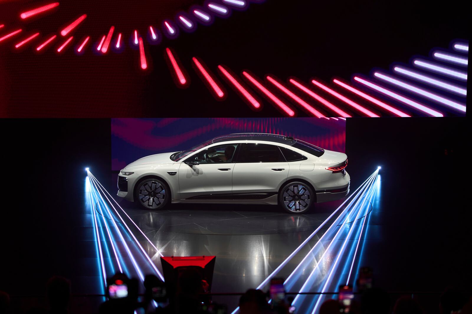 The A6L-etron is launched during the Volkswagen Group media night ahead of the Auto Show in Shanghai, Tuesday, April 22, 2025. (AP Photo/Ng Han Guan)