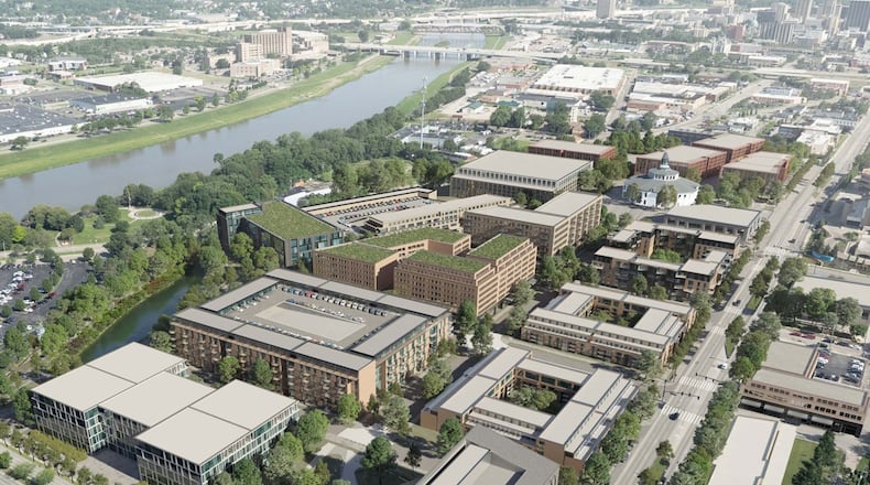 An artist's conception of the onMain Innovation District on what were once the Montgomery County Fairgrounds in Dayton. Note the former fairgrounds "round house," or agriculture building, near the upper end. Image from the onMain master plan.