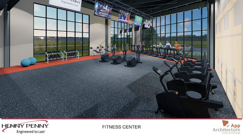 An artist's rendering of a fitness room for Henny Penny employees, to be part of the new Henny Penny building on the company's Eaton campus. Contributed.