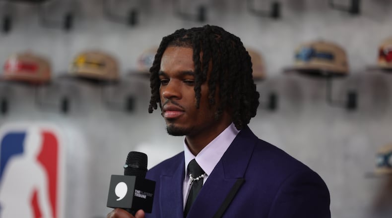 DaRon Holmes II does an interview on the red carpet before the NBA Draft on Wednesday, June 26, 2024, at the Barclays Center in Brooklyn, N.Y. David Jablonski/Staff