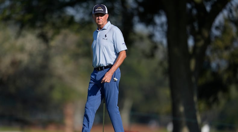 Davis Love III walks on first green during the first round of the RSM Classic golf tournament, Thursday, Nov. 20, 2025, in St. Simons Island, Ga. (AP Photo/Mike Stewart)