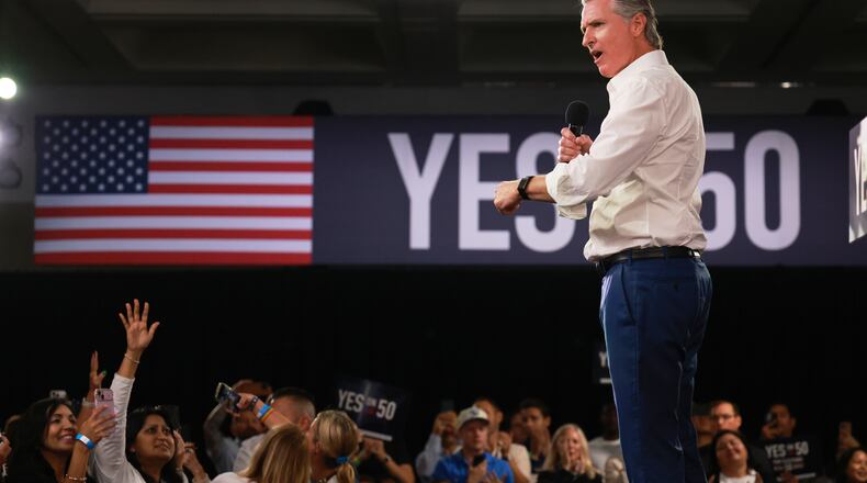 FILE - Gov. Gavin Newsom speaks during a campaign event on Proposition 50, Nov. 1, 2025, in Los Angeles. (AP Photo/Ethan Swope, File)