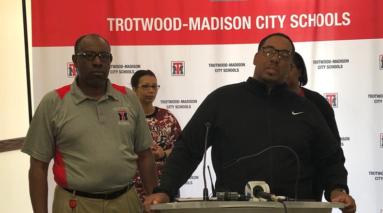 Trotwood-Madison Schools Superintendent Tyrone Olverson (left) and Director of Operations Marlon Howard (right) address the media in June about recovery efforts after a tornado hit the city. JEREMY P. KELLEY / STAFF
