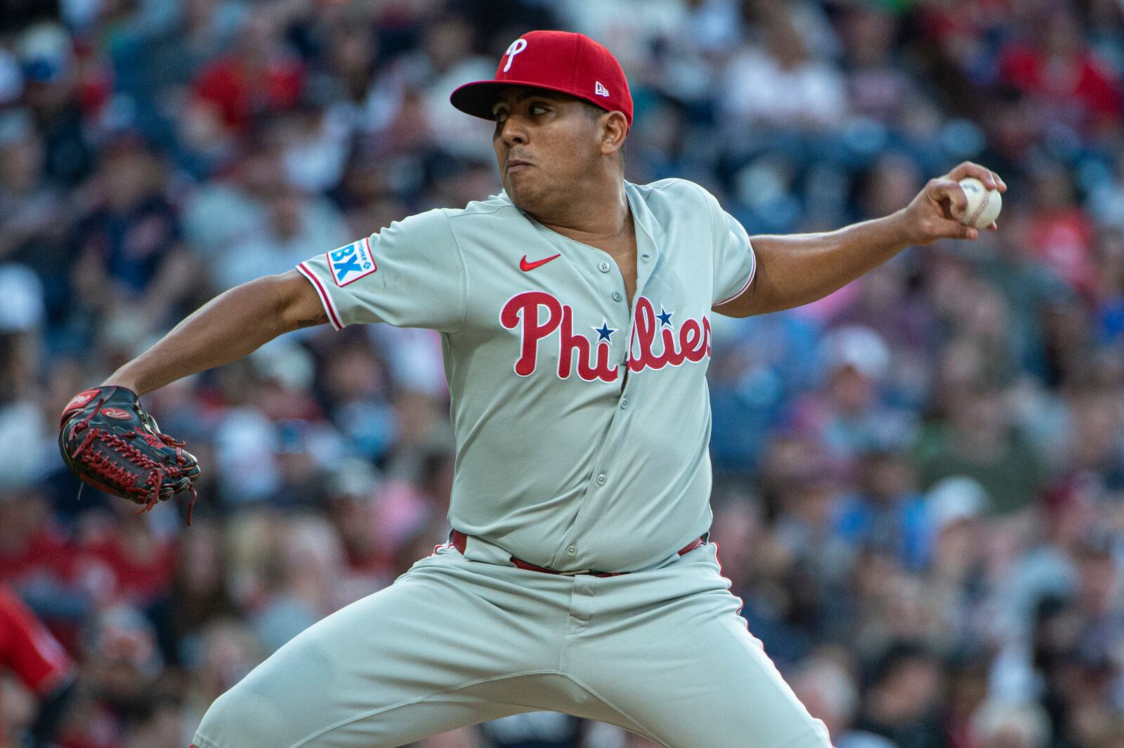Philadelphia Phillies starting pitcher Ranger Suarez delivers against the Cleveland Guardians during the first inning of a baseball game Saturday, May 10, 2025, in Cleveland. (AP Photo/Phil Long)
