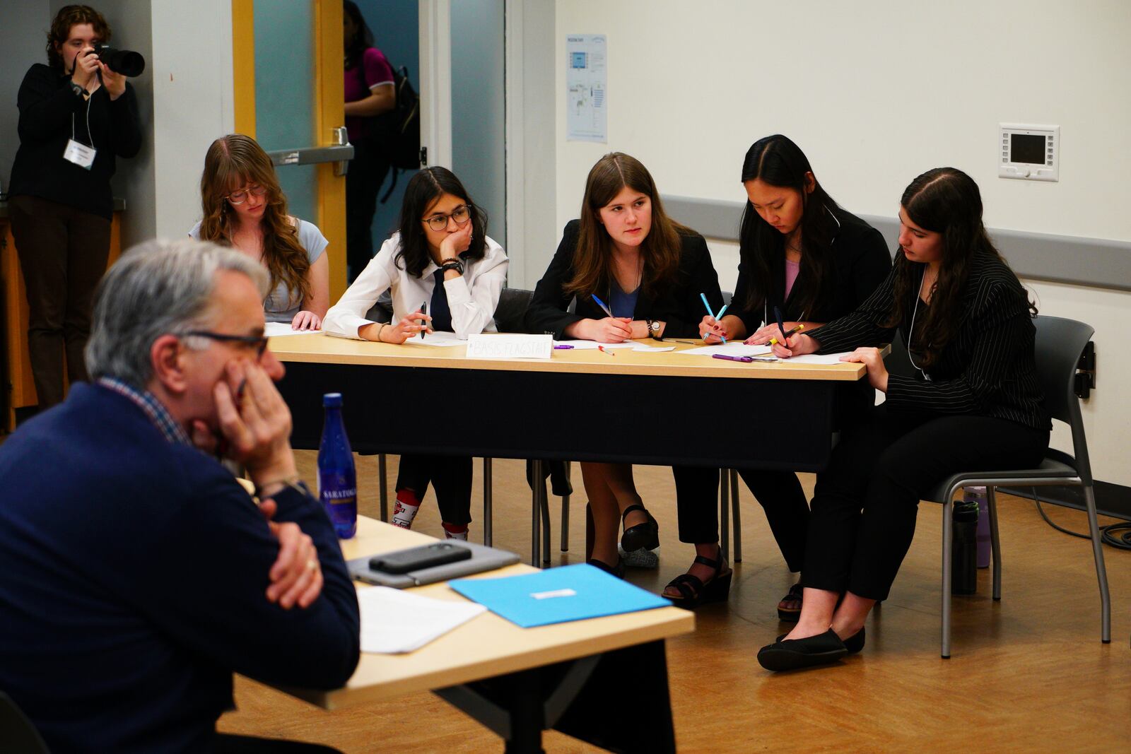 Students from Arizona's BASIS Flagstaff Charter School participate in the semifinal round of the National High School Ethics Bowl in Chapel Hill, N.C., on Sunday, April 13, 2025. (AP Photo/Allen G. Breed)