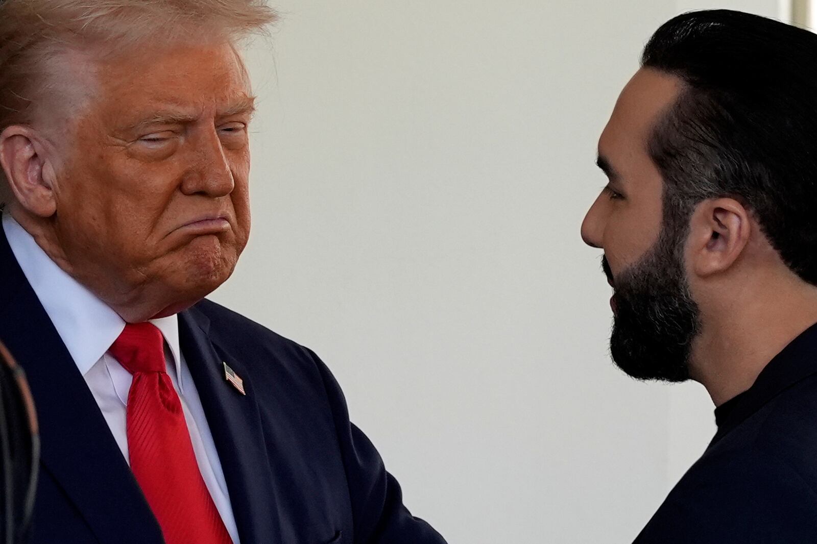 President Donald Trump greets El Salvador's President Nayib Bukele as he arrives at the West Wing of the White House in Washington, April 13, 2025. (AP Photo/Alex Brandon)