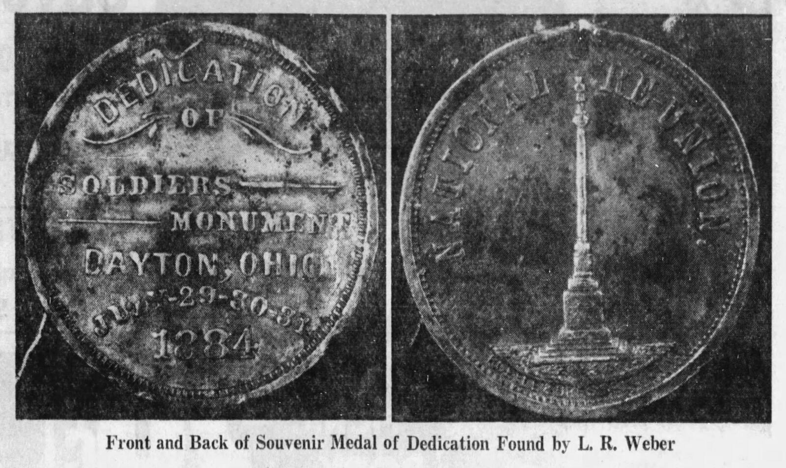 A souvenir metal coin from the 1884 dedication ceremony of the Dayton Civil War Soldiers Monument. DAYTON DAILY NEWS ARCHIVES.
