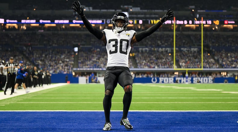 FILE - Jacksonville Jaguars cornerback Montaric Brown celebrates on the field during an NFL football game against the Indianapolis Colts, Dec. 28, 2025, in Indianapolis. (AP Photo/Zach Bolinger, file)