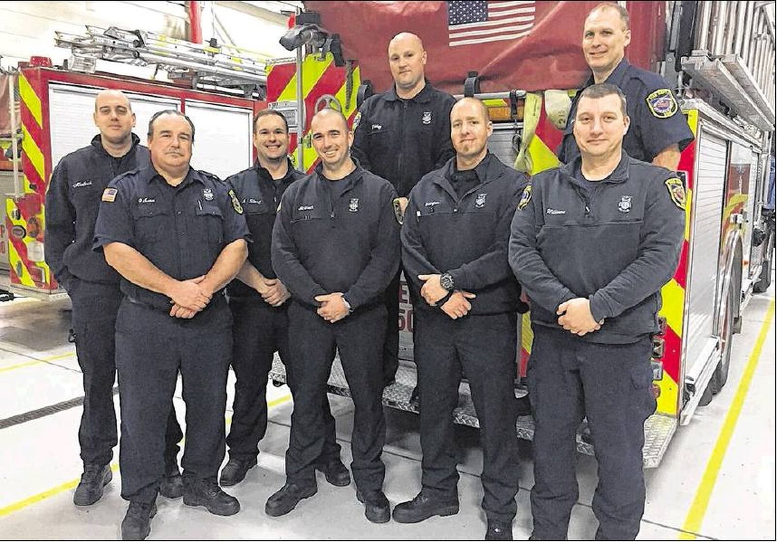 Personnel from the 788th Civil Engineer Squadron Fire and Emergency Services Flight’s Station 3 in Area B assisted with a successful at-home birthJan. 26.They are (l to r, first row): firefighter/EMT Paul Malleck, Capt. Ken Gibson, firefighter/ EMTAndrew Short, Capt. Chase McGrath, firefighter/ paramedic Bryan Gustafson, firefighter/ paramedic Daryle Williams. Second row (l to r): District Chief Matt Dickey, firefighter TracyWatts.