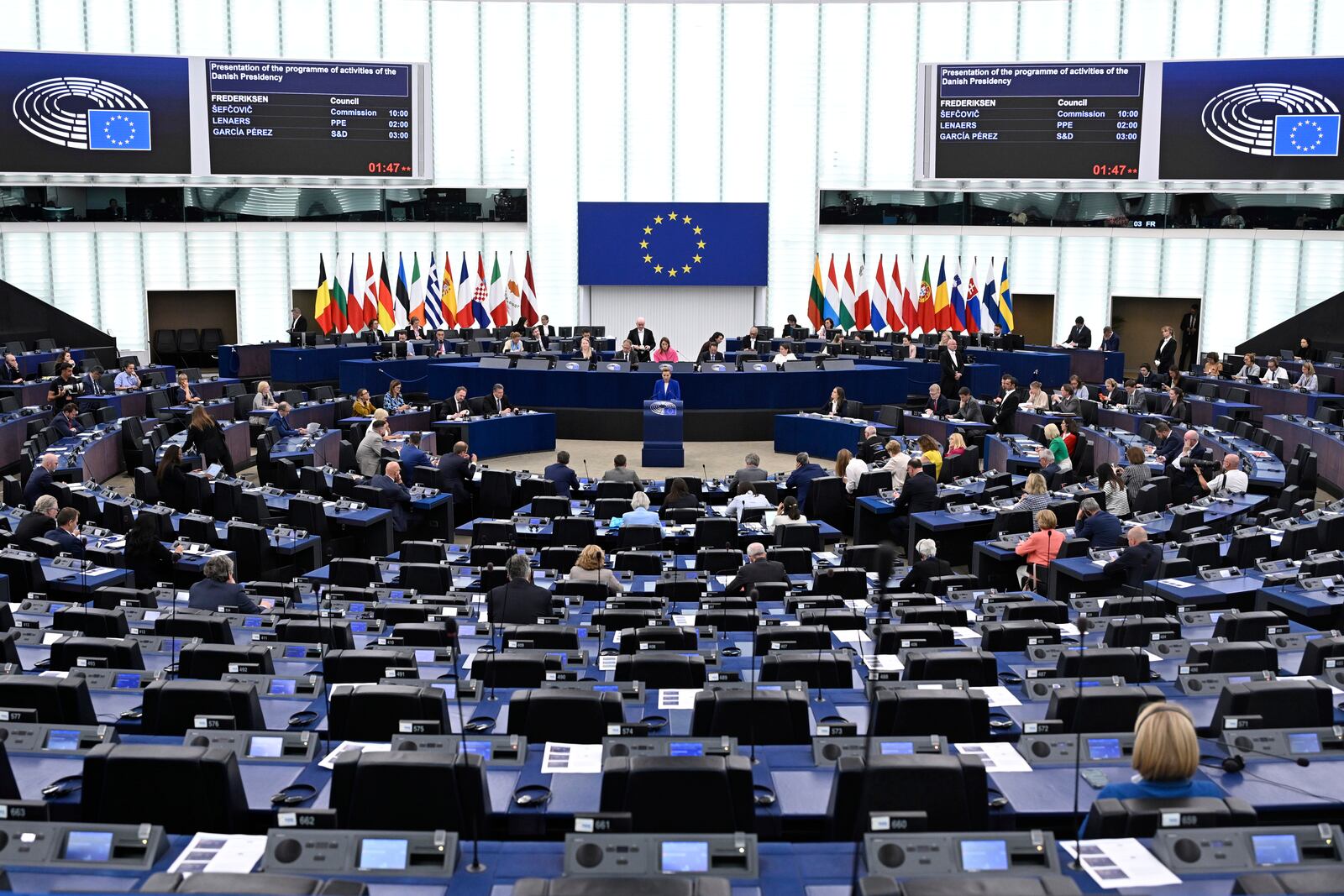 Denmark's Prime Minister Mette Frederiksen delivers her speech as Denmark holds the rotating presidency of the Council of Europe, Tuesday, July 8, 2025 at the European Parliament in Strasbourg, eastern France. (AP Photo/Pascal Bastien)