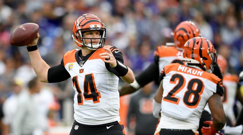 Cincinnati Bengals quarterback Andy Dalton throws a pass against the Baltimore Ravens during the second half of a NFL football game Sunday, Oct. 13, 2019, in Baltimore. (AP Photo/Nick Wass)