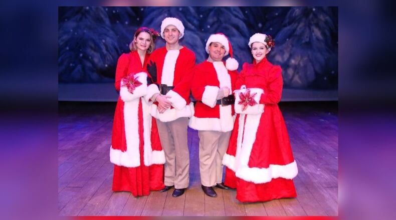 Left to right: Liz Kurtz (Betty Haynes), Andy Donnelly (Bob Wallace), Dom Giovanni (Phil Davis), and Allison Gabert (Judy Haynes) in La Comedia Dinner Theatre's production of "Irving Berlin's White Christmas." PHOTO BY JUSTIN WALTON