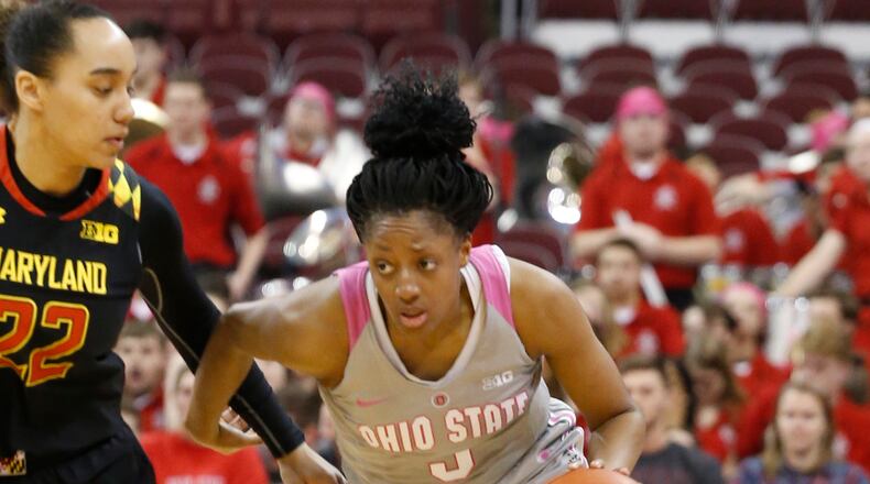 Ohio State’s Kelsey Mitchell plays against Maryland during an NCAA college basketball game Monday, Feb. 20, 2017, in Columbus, Ohio. (AP Photo/Jay LaPrete)