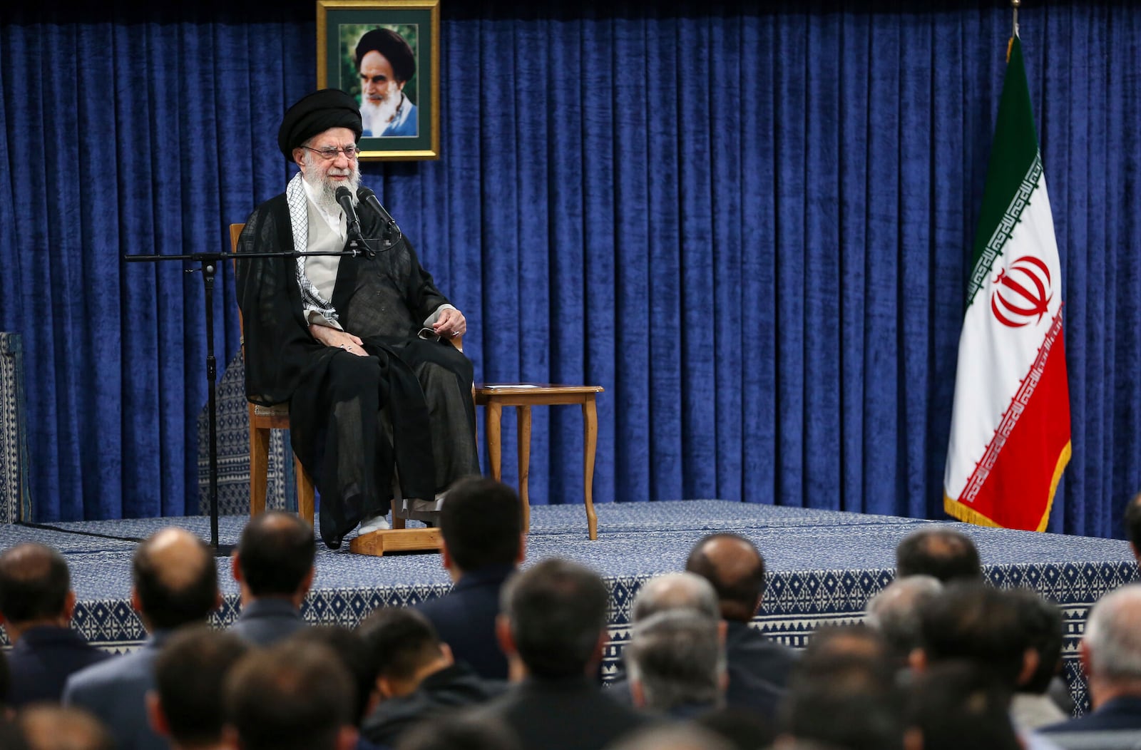 In this photo released by the official website of the office of the Iranian supreme leader, Supreme Leader Ayatollah Ali Khamenei speaks during a memorial in Tehran, Iran, Tuesday, May 20, 2025, for late President Ebrahim Raisi, who died in a helicopter crash last year. (Office of the Iranian Supreme Leader via AP)