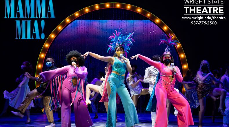 (left to right) D'Kaylah Whitley (Tanya Chresham-Leigh), Sophie Hardy (Donna Sheridan) and Ana Smith (Rosie Mulligan) with the cast of Wright State University's production of "Mamma Mia!