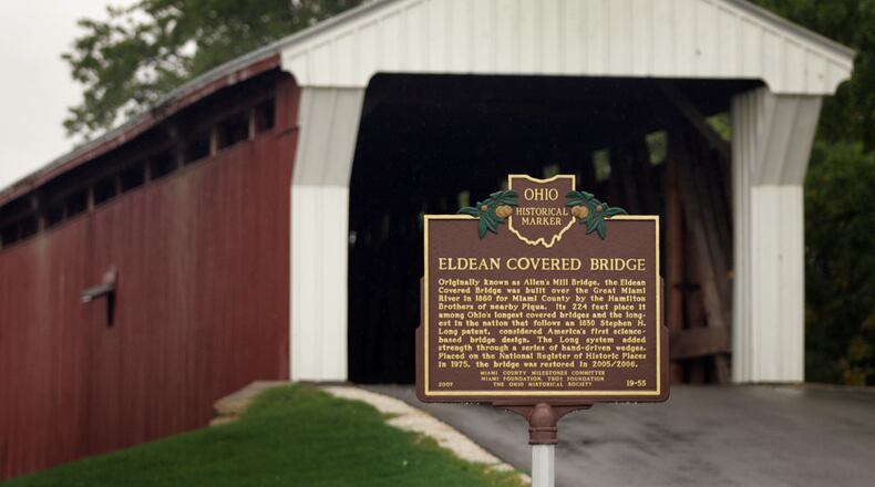 A Miami County Bicentennial Ohio Historic Marker was dedicated in 2007 on the site of the Eldean Bridge north of Troy. Photo by Jim Witmer