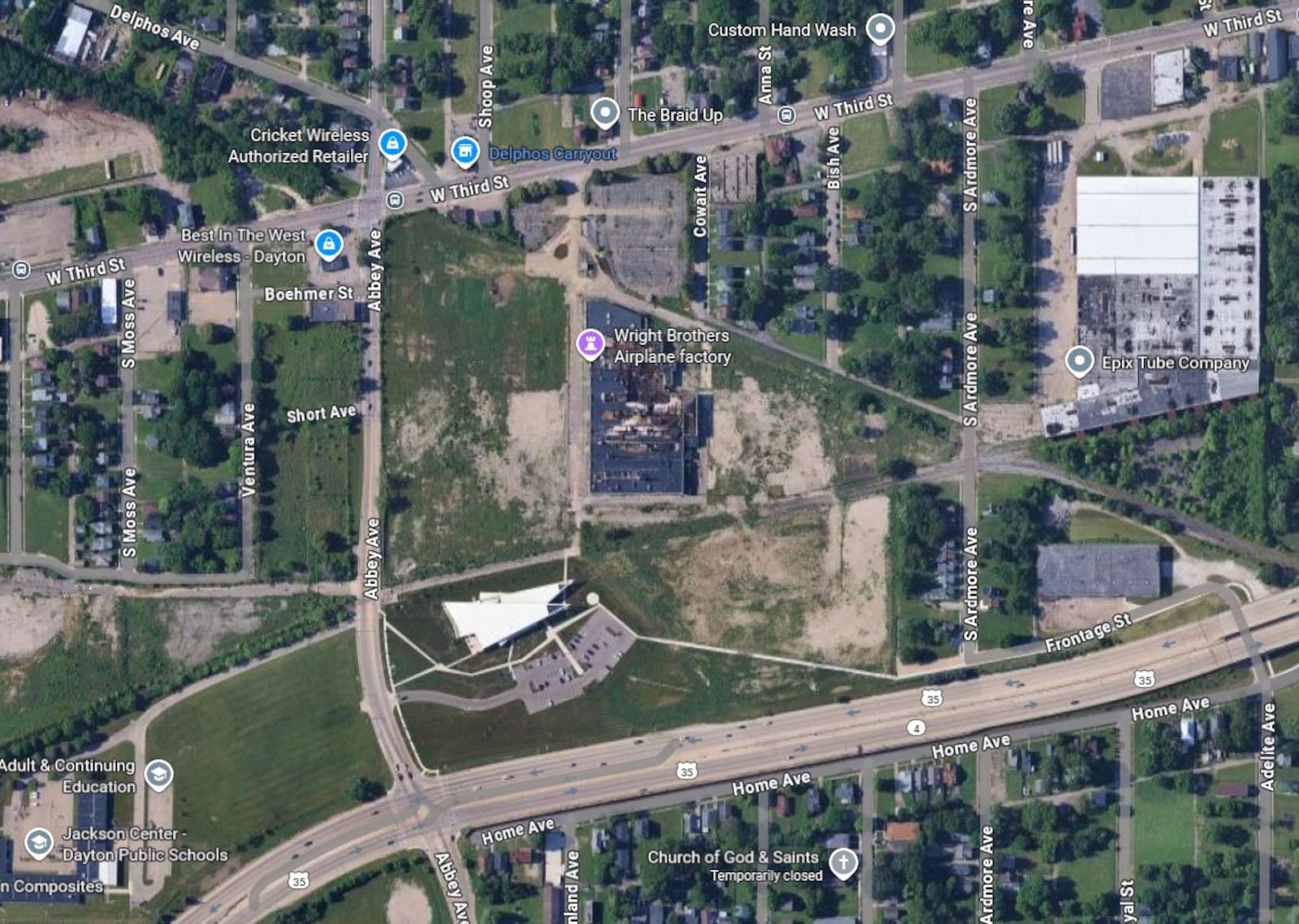 A Google Earth image showing the Wright Co. airplane factory site along West Third Street in West Dayton. CONTRIBUTED
