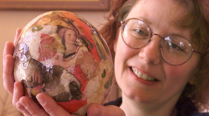 Marsha Pippenger has created an ostrich egg which she has entitled 'Objects of Desire-the Gazing Ball.' This egg and others are on display in Tipp City in Conversation Pieces Art Gallery.