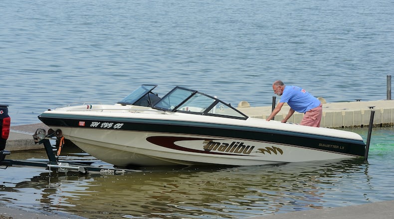 A boater launches his watercraft into Eastwood Lake on Tuesday, May 25, 2021. National Safe Boating Week is held from May 22-28, 2021, reminding all boaters to brush up on boating safety skills and prepare for the boating season. MARSHALL GORBY\STAFF