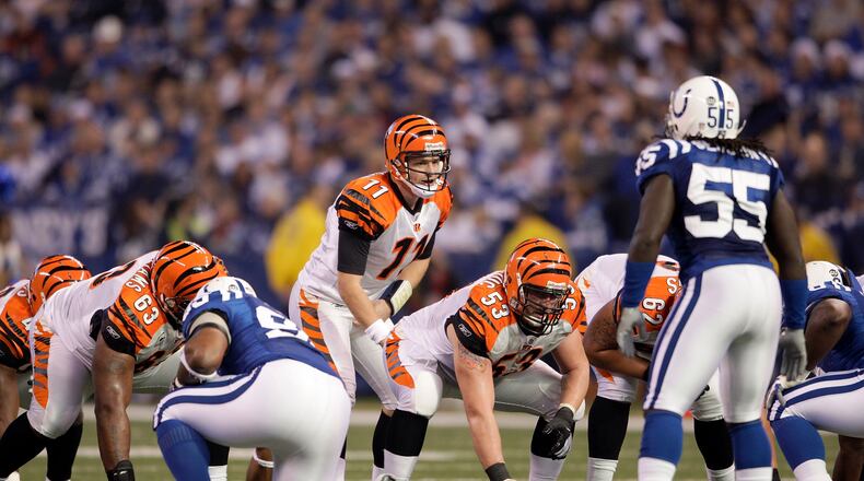 INDIANAPOLIS - DECEMBER 07: Ryan Fitzpatrick #11 of the Cincinnati Bengals calls out signals at the line of scrimmage against the Indianapolis Colts at Lucas Oil Stadium on December 7, 2008 in Indianapolis, Indiana. (Photo by Andy Lyons/Getty Images)