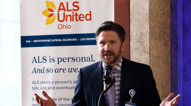 Dr. Adam Deardorff talks about the new Multidisciplinary ALS Clinic at Miami Valley Hospital South's Clinical Neuroscience Institute Friday, Sept. 20, 2024. The clinic is scheduled to see its first patients in October. MARSHALL GORBY/STAFF