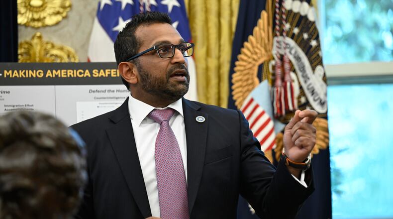 FBI Director Kash Patel speaks during an event with President Donald Trump in the Oval Office at the White House, Wednesday, Oct. 15, 2025, in Washington. (AP Photo/John McDonnell)