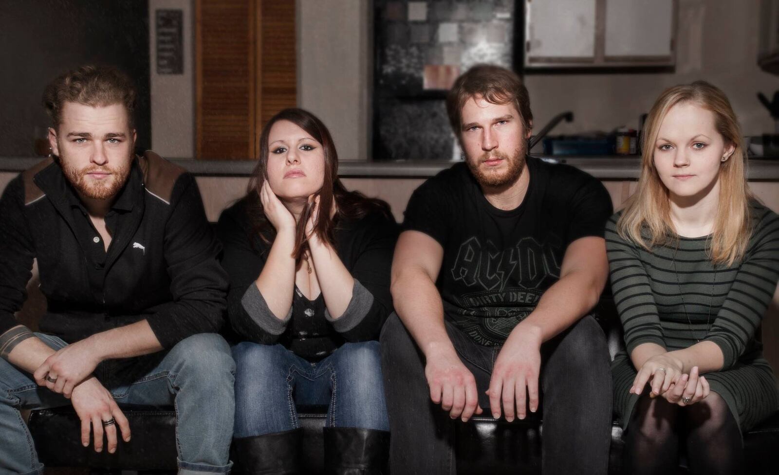 Brett Hill (Kent), Jenna Valyn Burnette (Steph), Christopher Hahn (Greg), and Kaleigh-Brooke Dillingham (Carly) starred in Playground Theatre’s production of Neil LaBute’s edgy drama “Reasons to Be Pretty.” (Photo by Rachel Katz)
