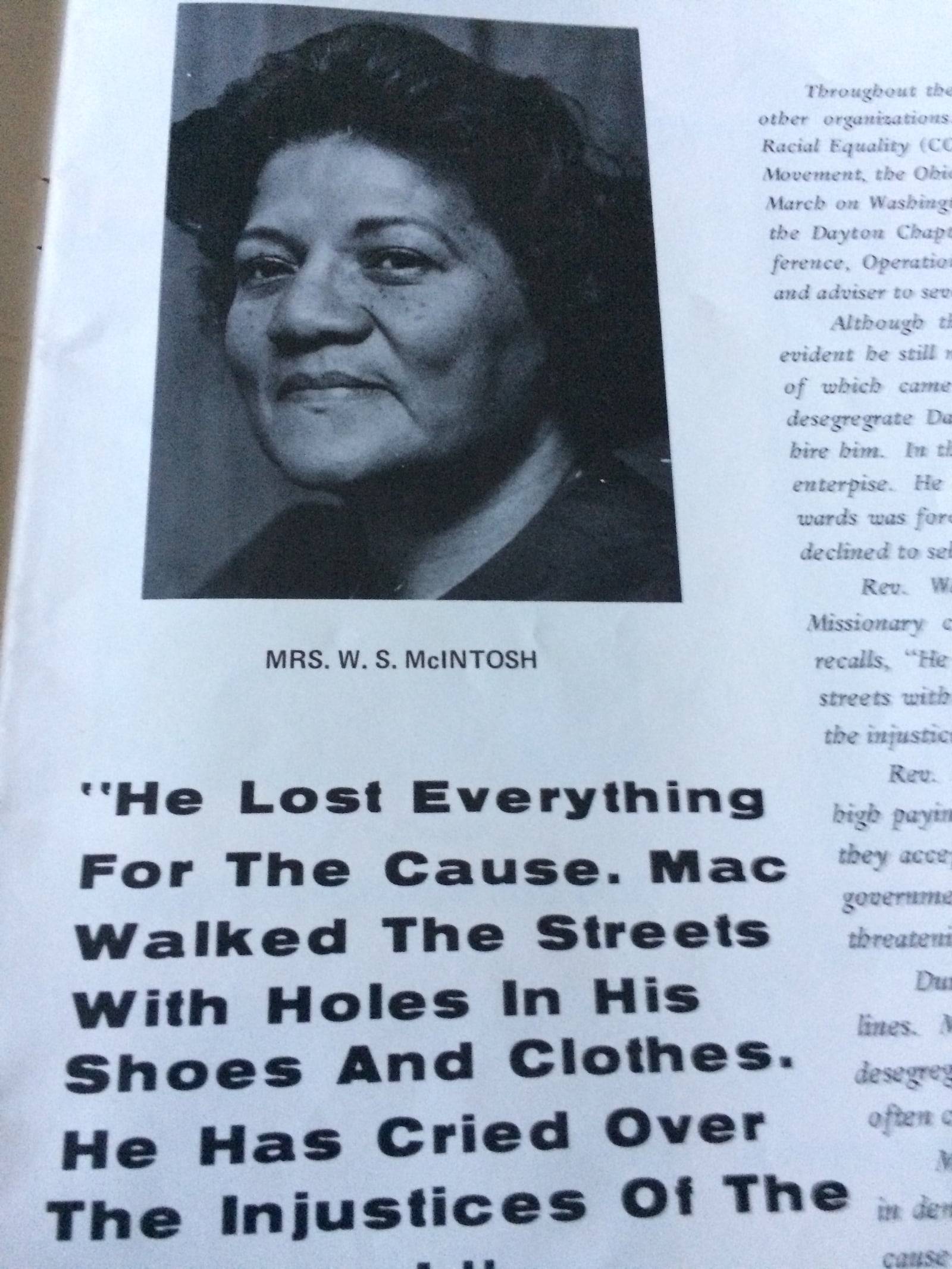 Article about W.S. McIntosh featuring the Dayton civil rights leaders widow Charline McIntosh.