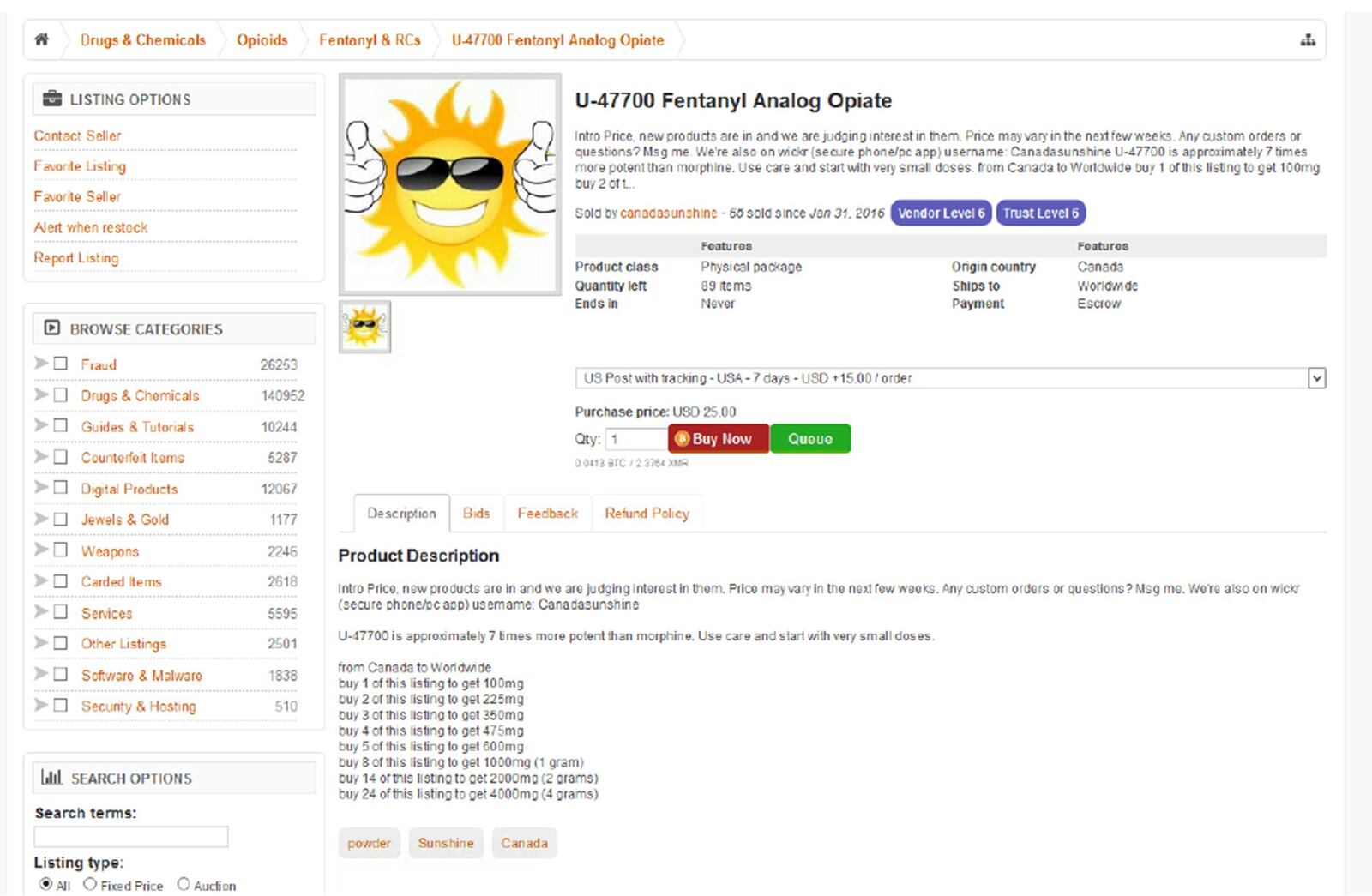 Online drug marketplaces on the dark net allow users to purchase counterfeit, synthetic fentanyl analogs and even rate the seller and product. PHOTO: SURFWATCH LABS