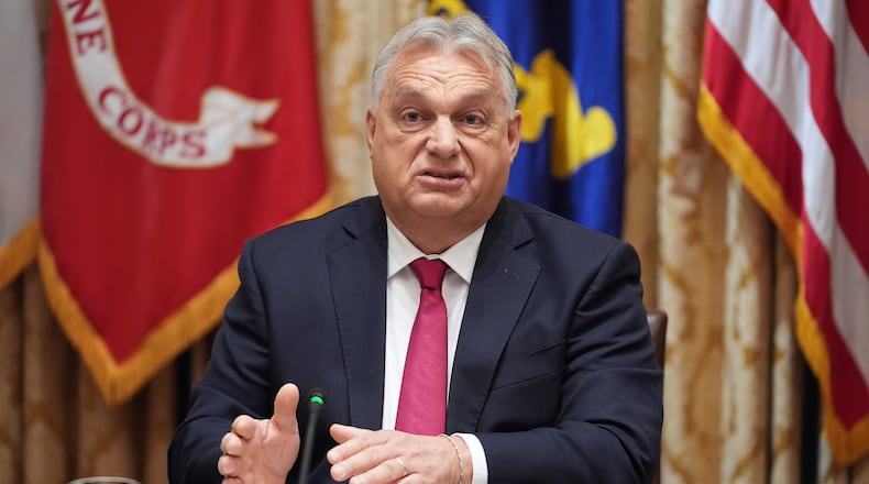 Hungary's Prime Minister Viktor Orban speaks during a meeting with President Donald Trump in the Cabinet Room of the White House, Friday, Nov. 7, 2025, in Washington. (AP Photo/Evan Vucci)