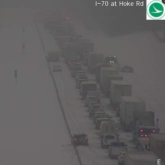 Interstate 70 East was closed near Ohio 49 near Englewood and Clayton after multiple crashes and vehicles slid off the road during snow showers Friday, Feb. 6, 2026. Photo courtesy the Ohio Department of Transportation.