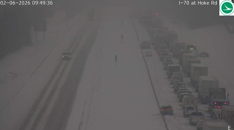Interstate 70 East was closed near Ohio 49 near Englewood and Clayton after multiple crashes and vehicles slid off the road during snow showers Friday, Feb. 6, 2026. Photo courtesy the Ohio Department of Transportation.