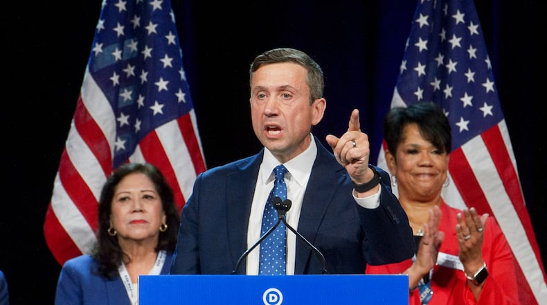 FILE - DNC chair candidate Ken Martin speaks at the Democratic National Committee Winter Meeting in National Harbor, Md., Feb. 1, 2025. (AP Photo/Rod Lamkey, Jr., File)