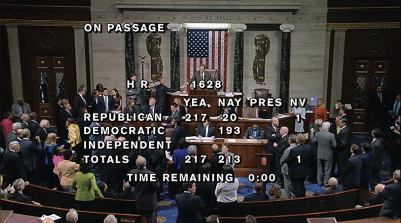 In this image provided by House Television, the final total on the vote on the Republicans health care bill is displayed at the Capitol in Washington on Thursday, May 4, 2017. Relieved Republicans muscled their health care bill through the House, taking their biggest step toward dismantling the Obama health care overhaul since Donald Trump took office.