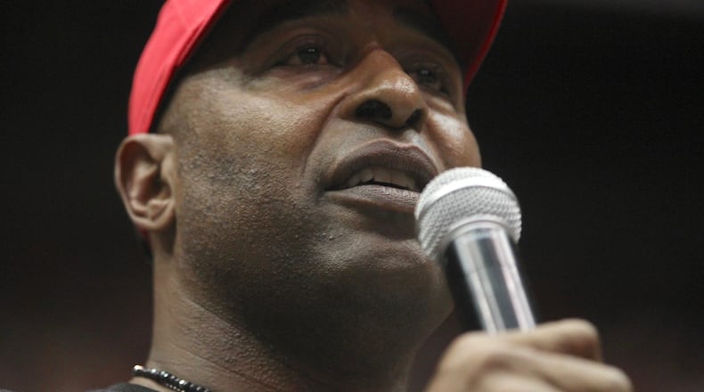 Former Ohio State wide receiver Cris Carter speaks at the Skull Session before a game against Oklahoma on Saturday, Sept. 9, 2017, at St. John Arena in Columbus. David Jablonski/Staff