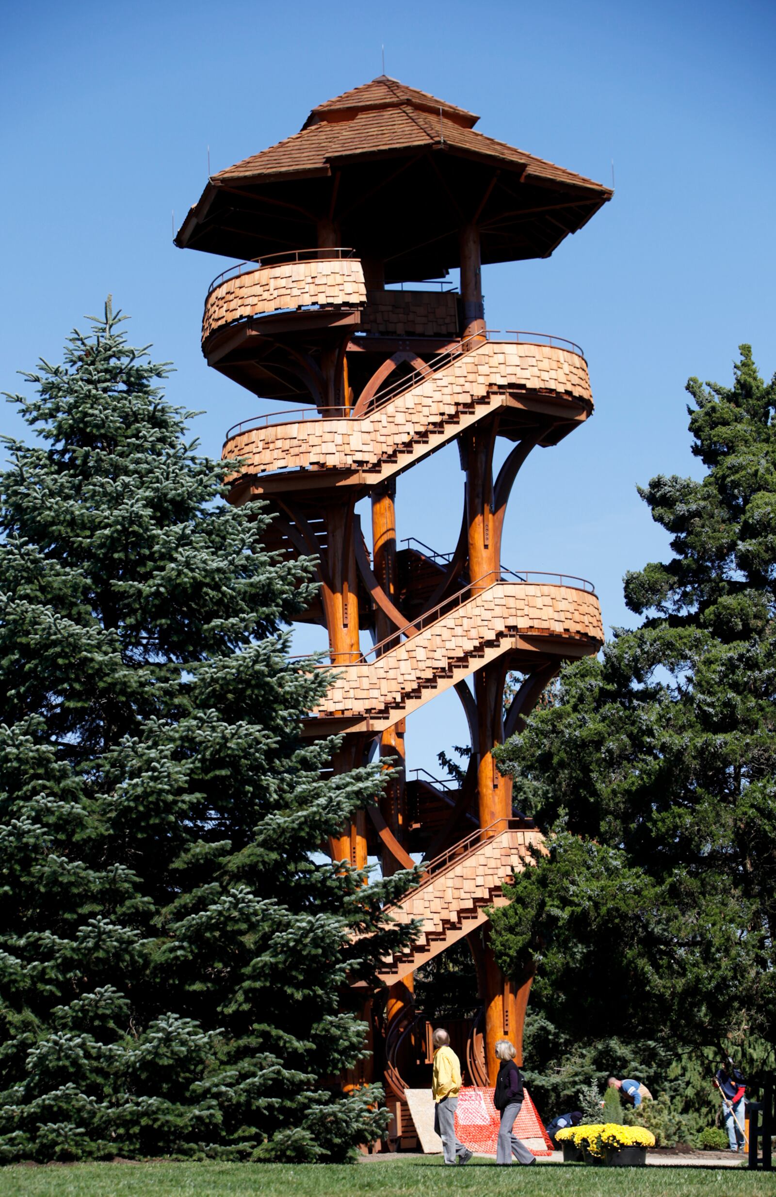 The Tree Tower at Cox Arboretum MetroPark in Miami Twp. is closed now because of safety concerns. The observation tower, which rises 46 feet above the ground, was designed by Belgian landscape architect Francois Goffinet. The original groundbreaking took place on Nov. 30, 2011. STAFF PHOTO BY LISA POWELL