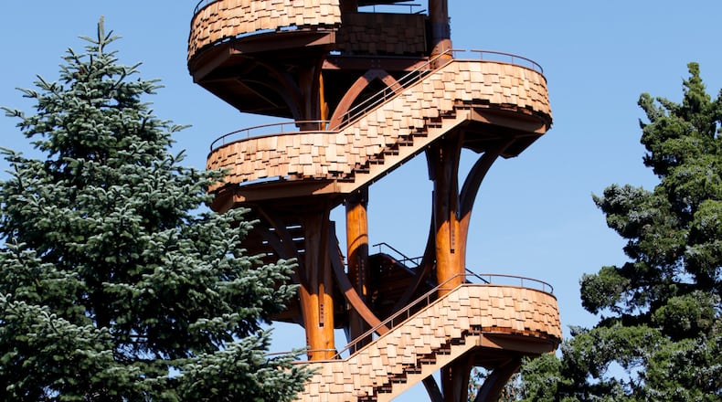 The Tree Tower at Cox Arboretum MetroPark in Miami Twp. is closed now because of safety concerns. The observation tower, which rises 46 feet above the ground, was designed by Belgian landscape architect Francois Goffinet. The original groundbreaking took place on Nov. 30, 2011. STAFF PHOTO BY LISA POWELL