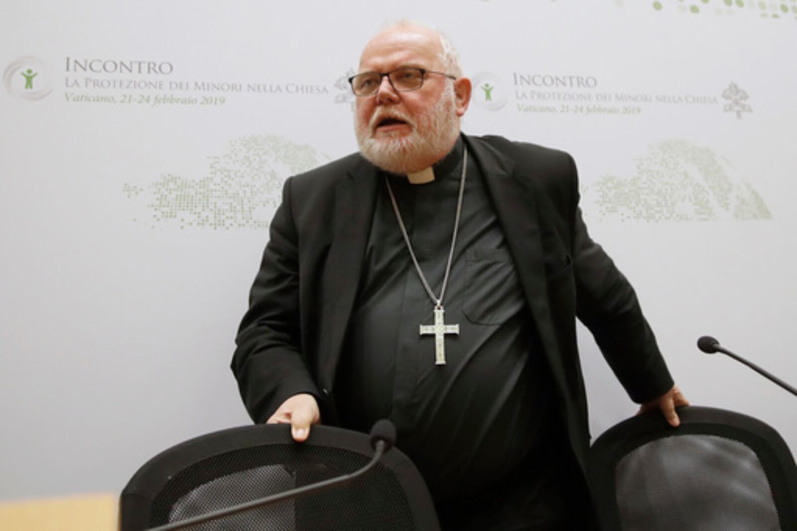 FILE - In this Saturday, Feb. 23, 2019 file photo Cardinal Reinhard Marx, the archbishop of Munich and Freising, leaves at the end of a media briefing during a four-day sex abuse summit called by Pope Francis in Rome. (AP Photo/Alessandra Tarantino, file)