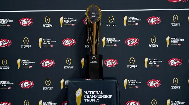 SAN JOSE, CA - JANUARY 05:  A detailed view of the National Championship Trophy on display during the College Football Playoff National Championship Media Day for the Alabama Crimson Tide and Clemson Tigers at SAP Center on January 5, 2019 in San Jose, California.  (Photo by Thearon W. Henderson/Getty Images)