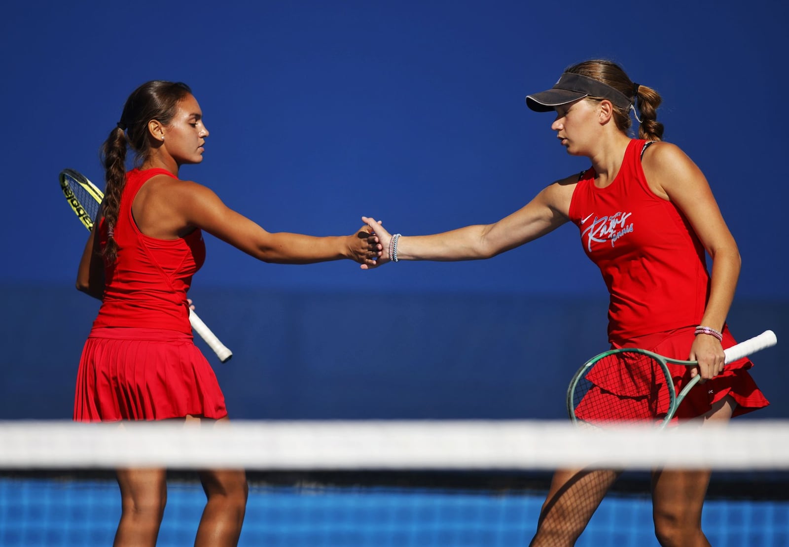 Miami Valley School's Kennedi Washington, left, and Tamma De Boer play a doubles match against Pepper Pike during their first round Div. II girls state tennis tournament match Thursday, Oct. 16, 2025 at Lindner Family Tennis Center in Mason. Pepper Pike won 2-6, 6-3, 6-1 to advance. NICK GRAHAM/STAFF