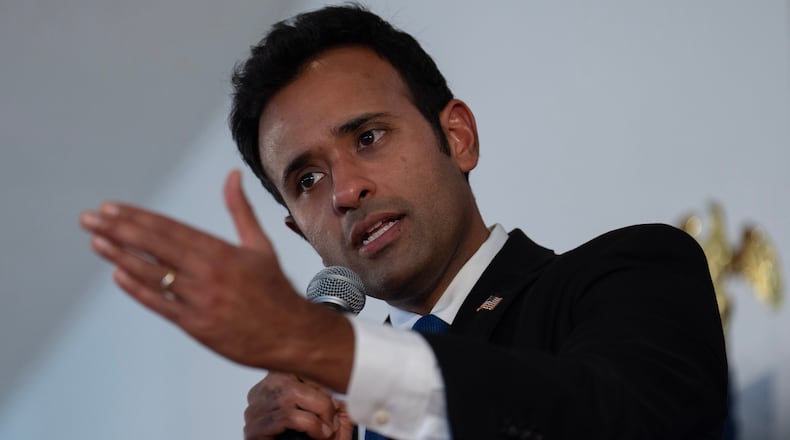 Republican Vivek Ramaswamy, candidate for Ohio governor in 2026, speaks during a town hall at The River Church Cincinnati in Cincinnati, Friday, Sept. 26, 2025. (AP Photo/Carolyn Kaster)