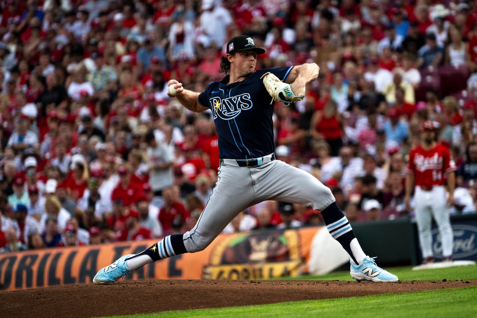Tampa Bay Rays pitcher Ryan Pepiot throws during the first inning of a baseball game against the Cincinnati Reds, Saturday, July 26, 2025, in Cincinnati. (AP Photo/Michael Swensen)