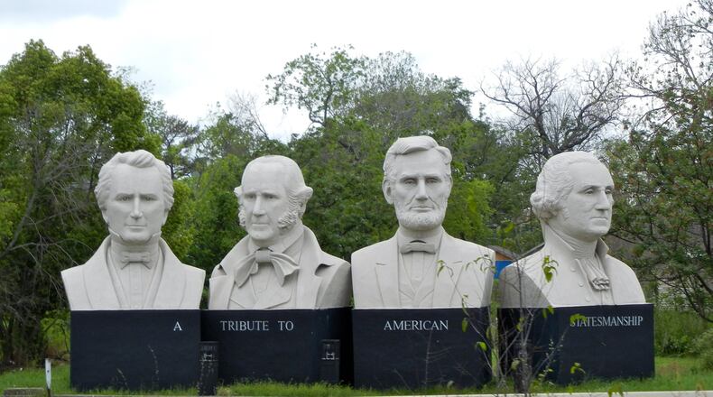 “Mount Rush Hour,” David Adickes’ sculpture amid the tangle of freeways in downtown Houston, includes Sam Houston, Steven F. Austin, Abraham Lincoln and George Washington. Helen Anders/For the American-Statesman
