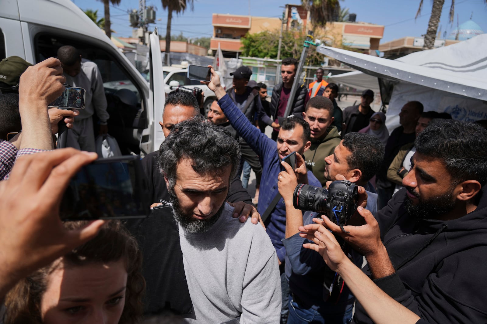 Freed Palestinian prisoner Raheem Salah, who was detain by the Israeli army during its ground operation in the Gaza Strip, arrives at al-Aqsa Hospital in Deir al-Balah, central Gaza, after his release from an Israeli prison, Tuesday, April 29, 2025. (AP Photo/Abdel Kareem Hana)