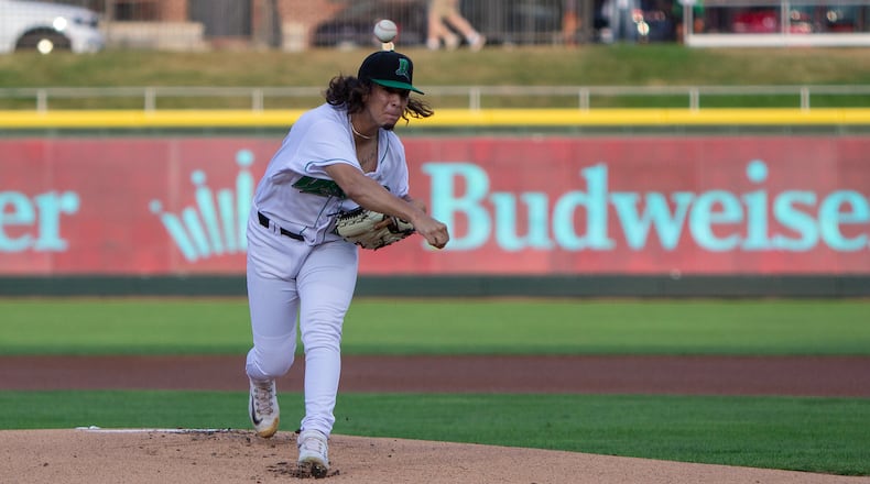 Dayton pitcher Jose Acuna throws in the first inning against Fort Wayne on Wednesday at Day Air Ballpark. Jeff Gilbert/CONTRIBUTED
